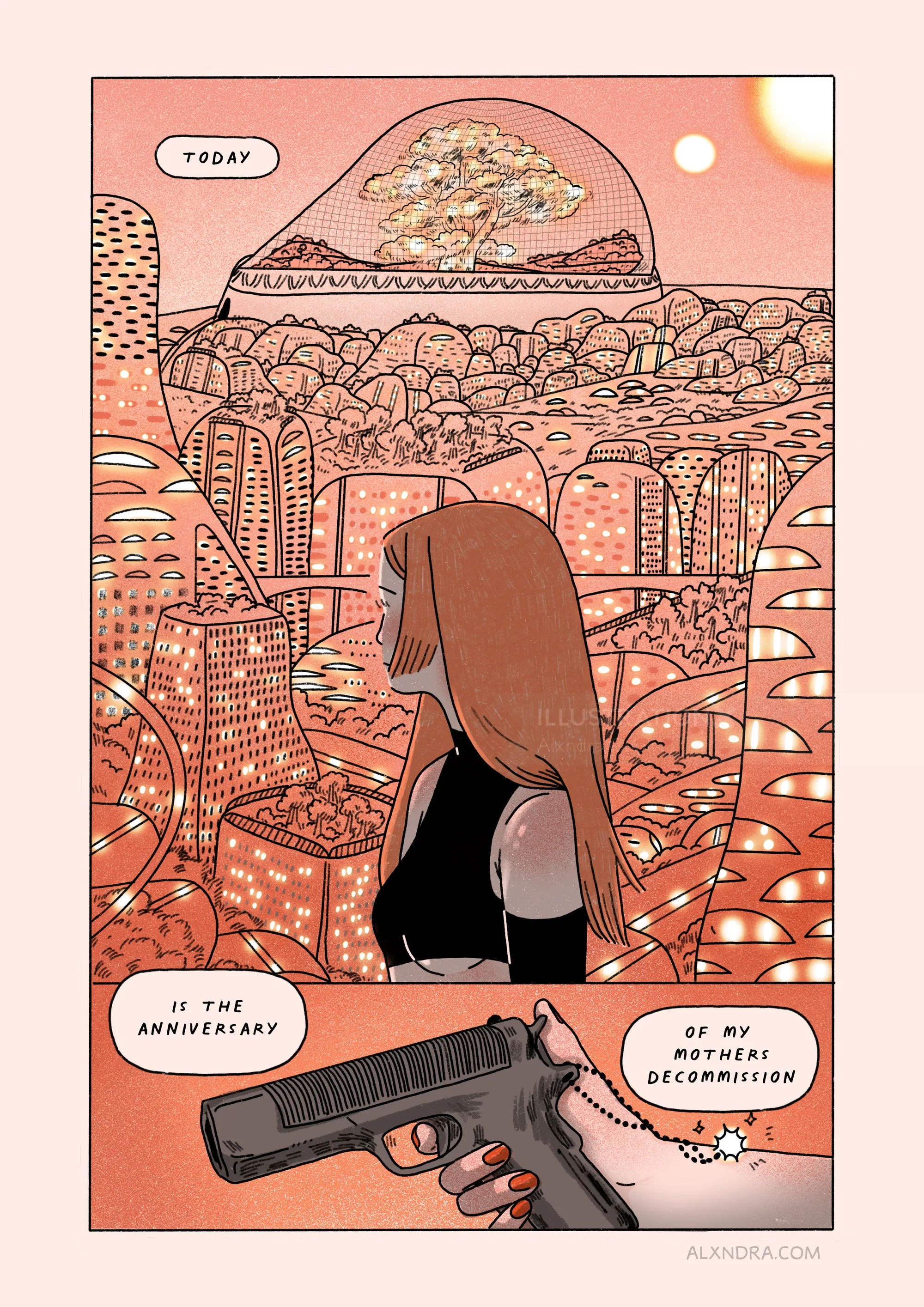 Comic panel showing woman in futuristic city and hand holding gun.