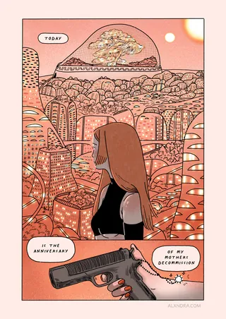 Comic panel showing woman in futuristic city and hand holding gun.