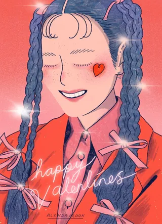Happy girl with braided hair and heart on cheek smiling
