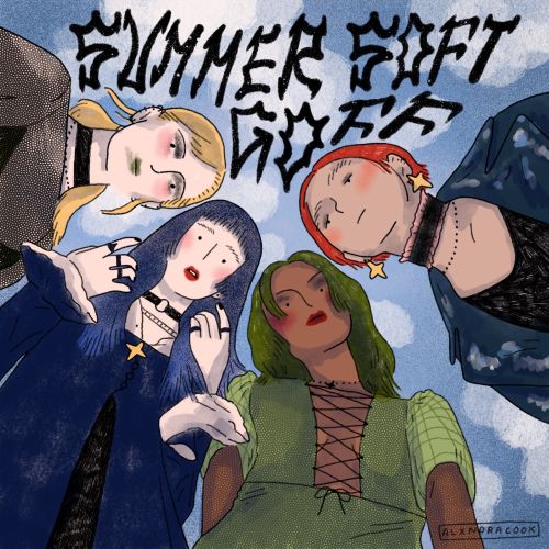 Illustration of four women in unique outfits under graffiti text