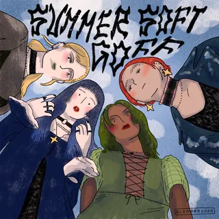 Illustration of four women in unique outfits under graffiti text