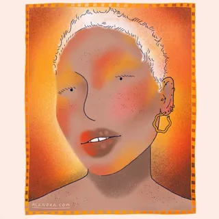 Abstract face with short white hair and star-shaped earrings on orange background