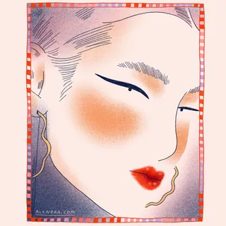 Digital close-up of woman face with red lips and winged eyeliner