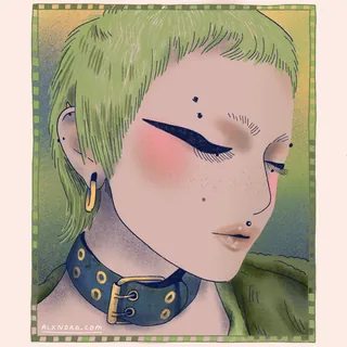 Close-up illustration of person with green hair and dark winged eyeliner