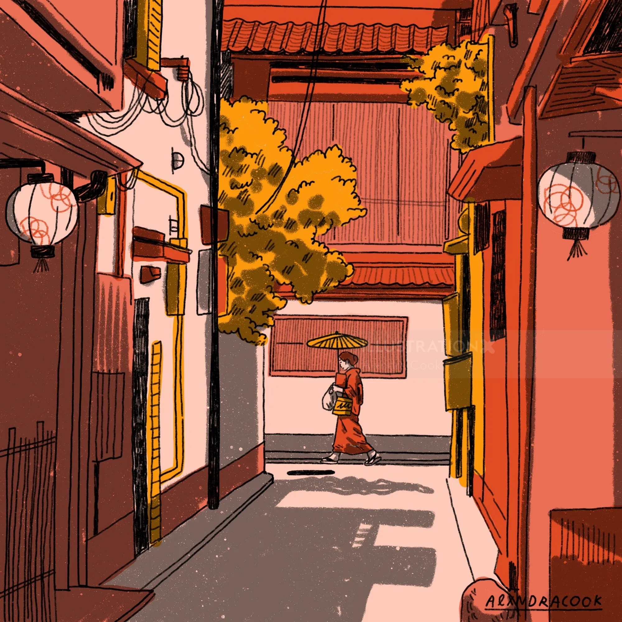 Calle estrecha japonesa con linternas y una persona con atuendo tradicional.