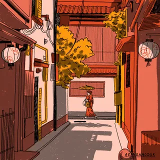Narrow Japanese street with lanterns and a person in traditional attire.