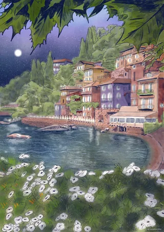 Lakeside village with colorful houses, greenery, and calm water at night