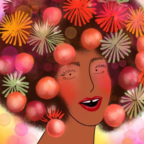 Artistic illustration of a woman with vibrant flower-adorned afro hair