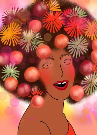 Artistic illustration of a woman with vibrant flower-adorned afro hair