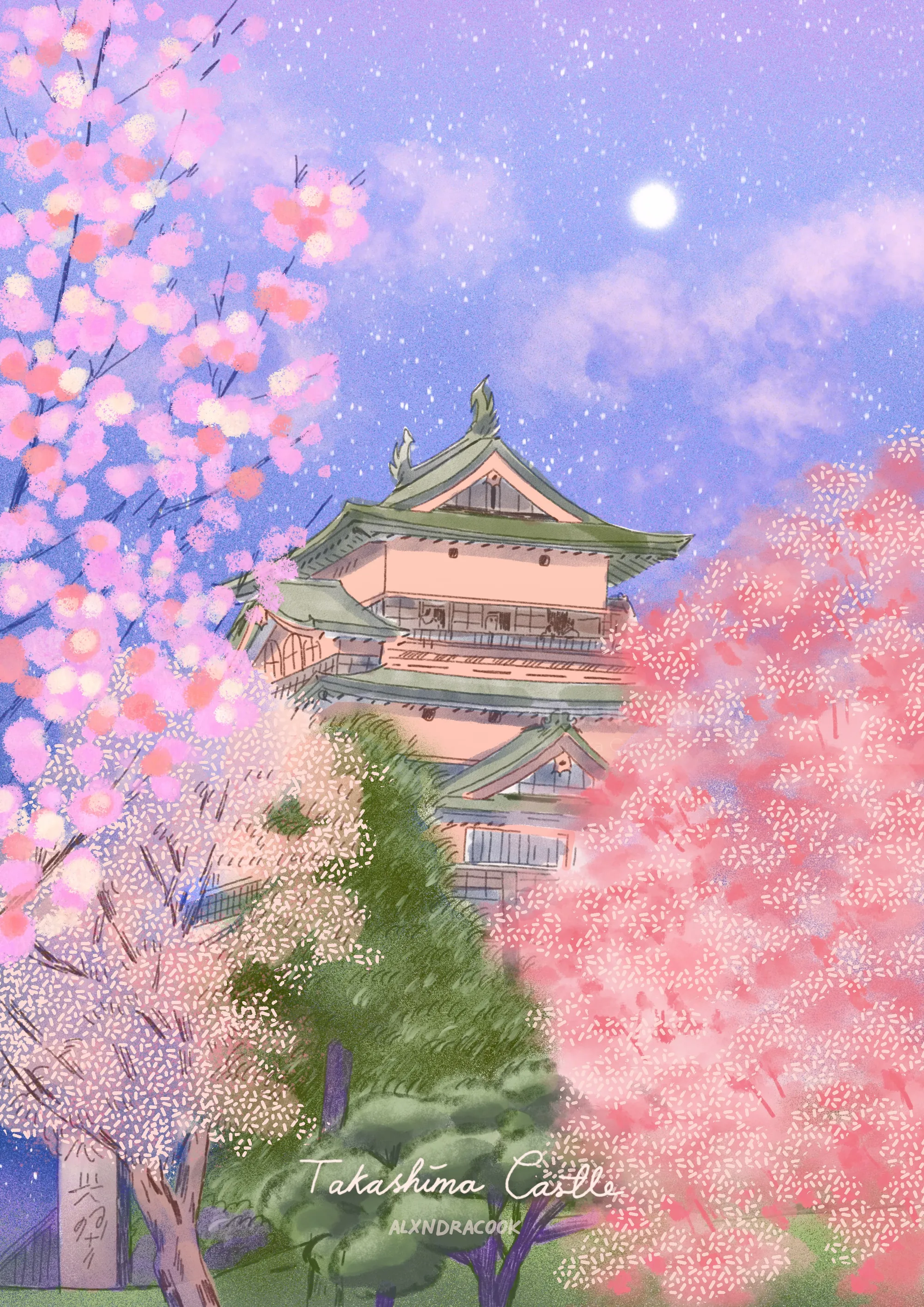 Castillo japonés con flores de cerezo bajo un cielo nocturno estrellado
