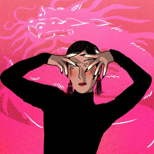 Stylish woman posing with hands framing face and dragon outline in pink background