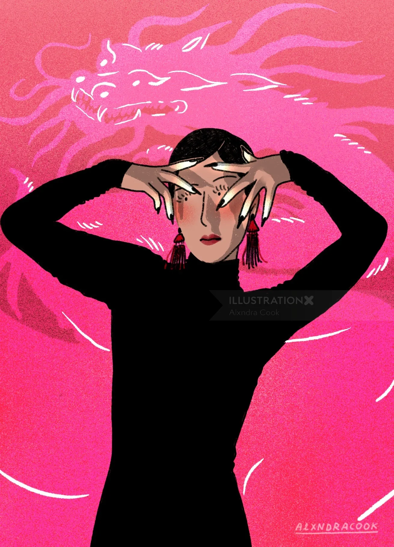 Mujer elegante posando con las manos enmarcando el rostro y el contorno del dragón sobre fondo rosa