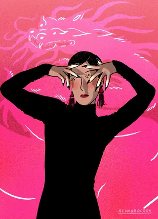 Stylish woman posing with hands framing face and dragon outline in pink background