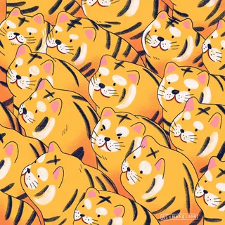 Pattern of orange cartoon tigers with stripes and smiling faces