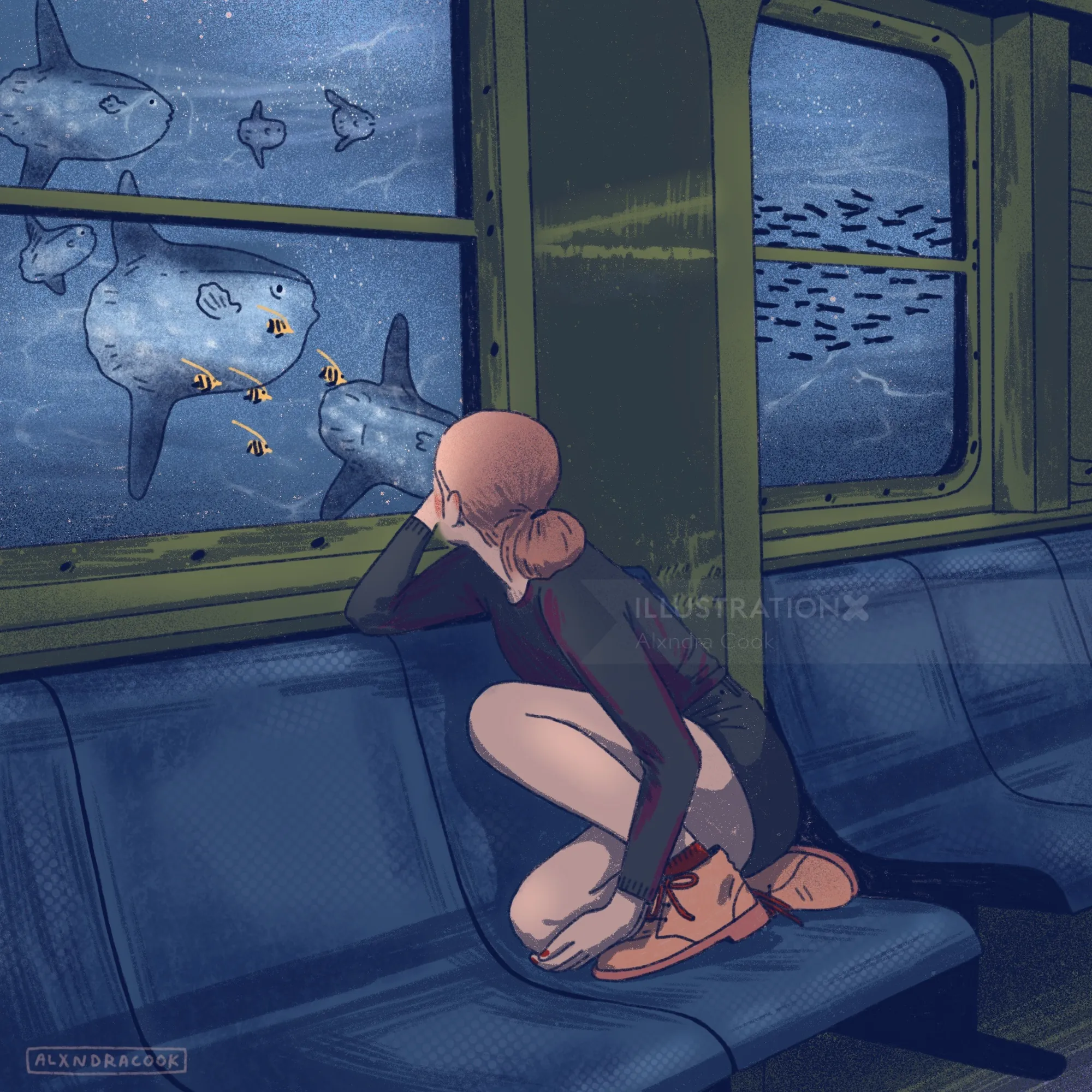 Woman looking at large fish and shark underwater through train window
