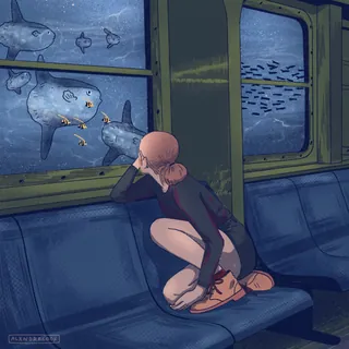 Woman looking at large fish and shark underwater through train window