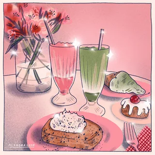 Two milkshakes with desserts and flowers in a vase on a pink table