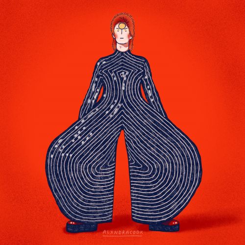 Stylized figure in blue patterned suit on orange background by Alxndra Cook