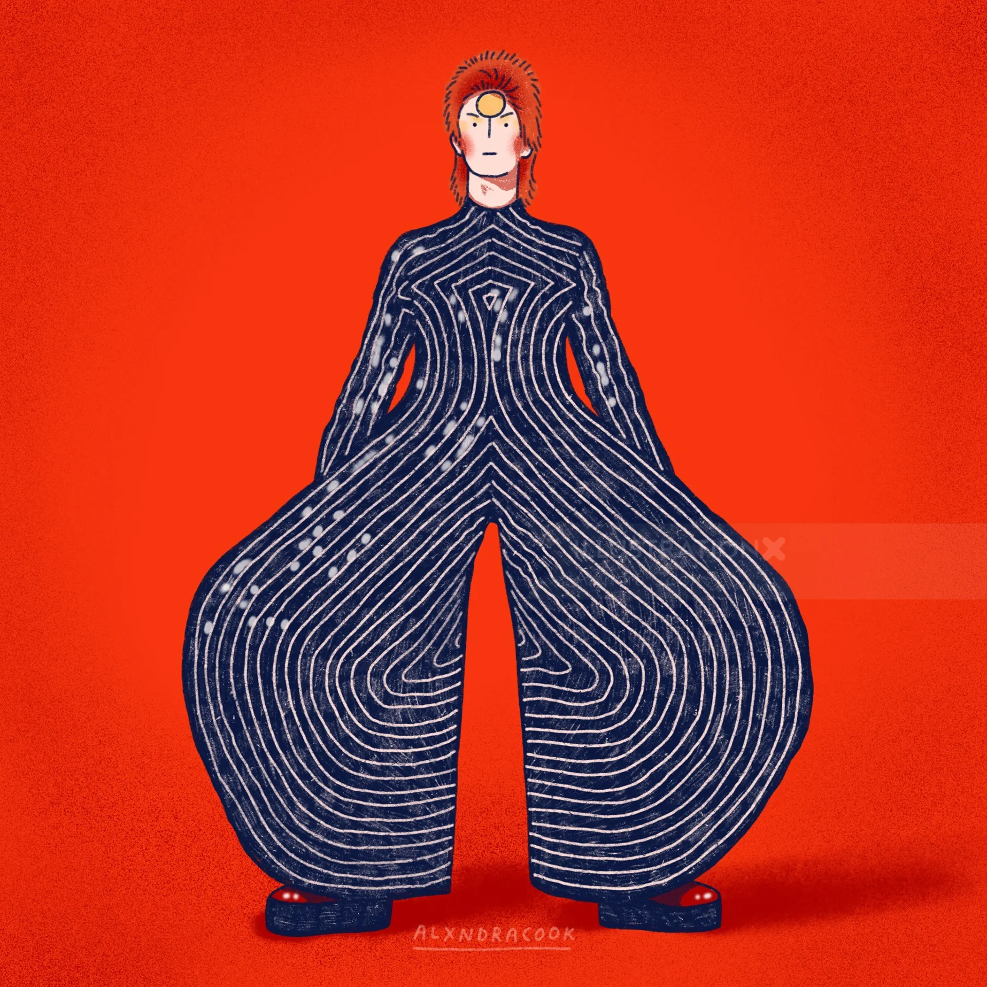 Stylized figure in blue patterned suit on orange background by Alxndra Cook