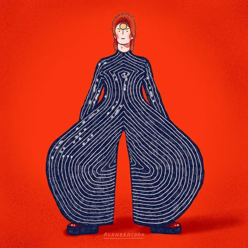 Stylized figure in blue patterned suit on orange background by Alxndra Cook