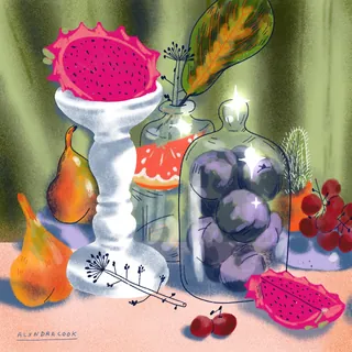 Colorful still life with dragon fruit, pears, grapes, and glass jars