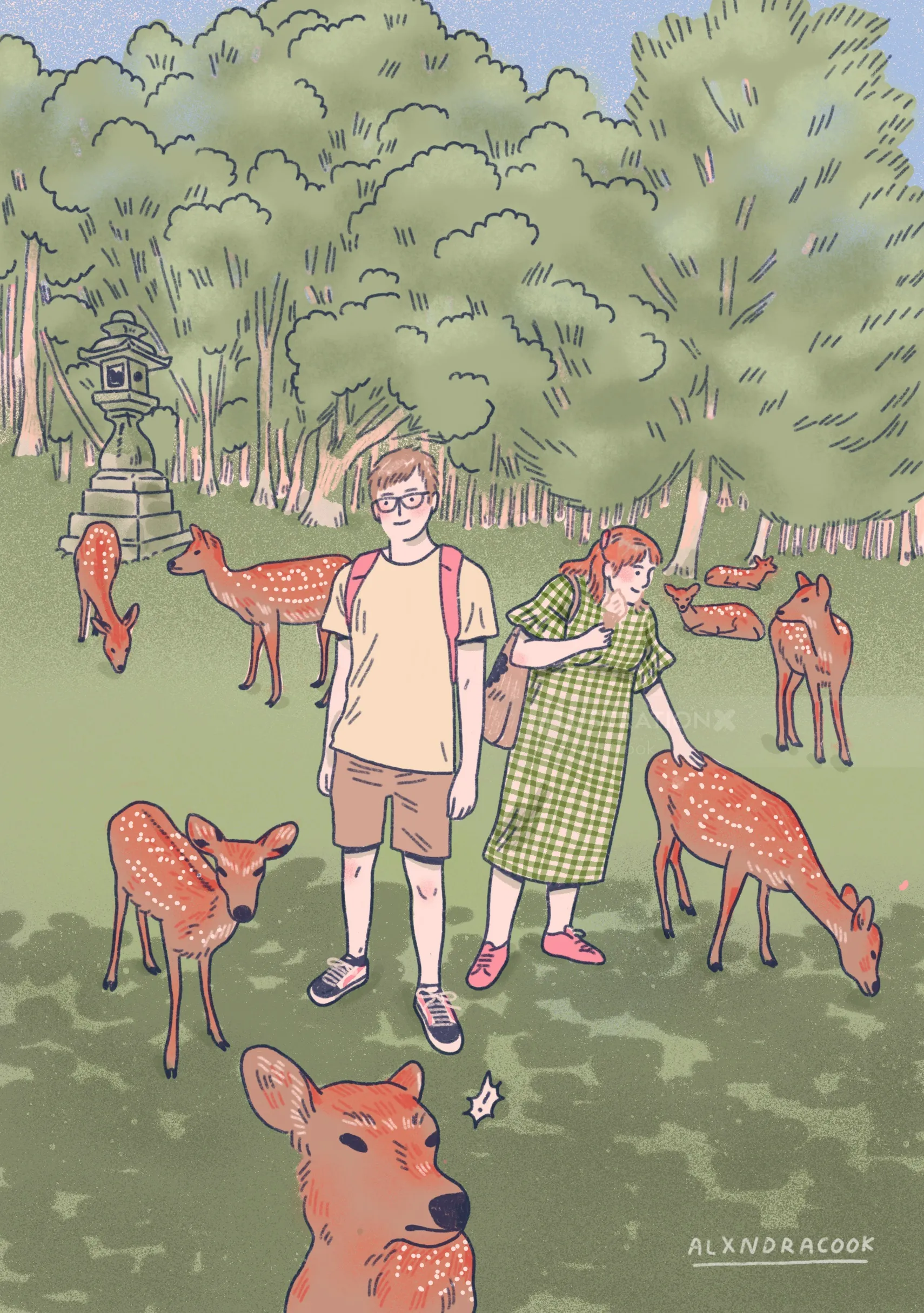 Two kids with backpacks standing among deer in a forest clearing