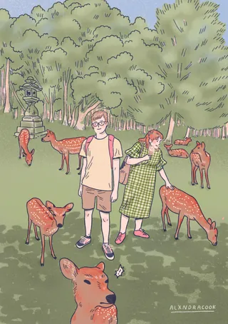 Two kids with backpacks standing among deer in a forest clearing