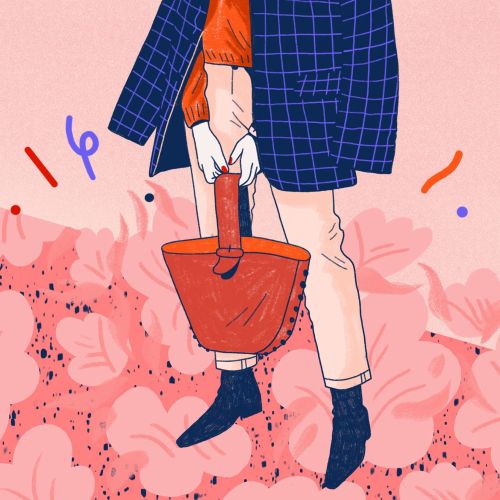 Person with plaid jacket and boots holding a brown handbag on pink background