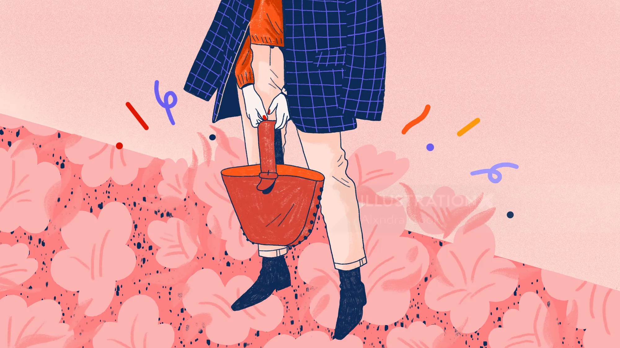 Persona con chaqueta a cuadros y botas sosteniendo un bolso marrón sobre fondo rosa