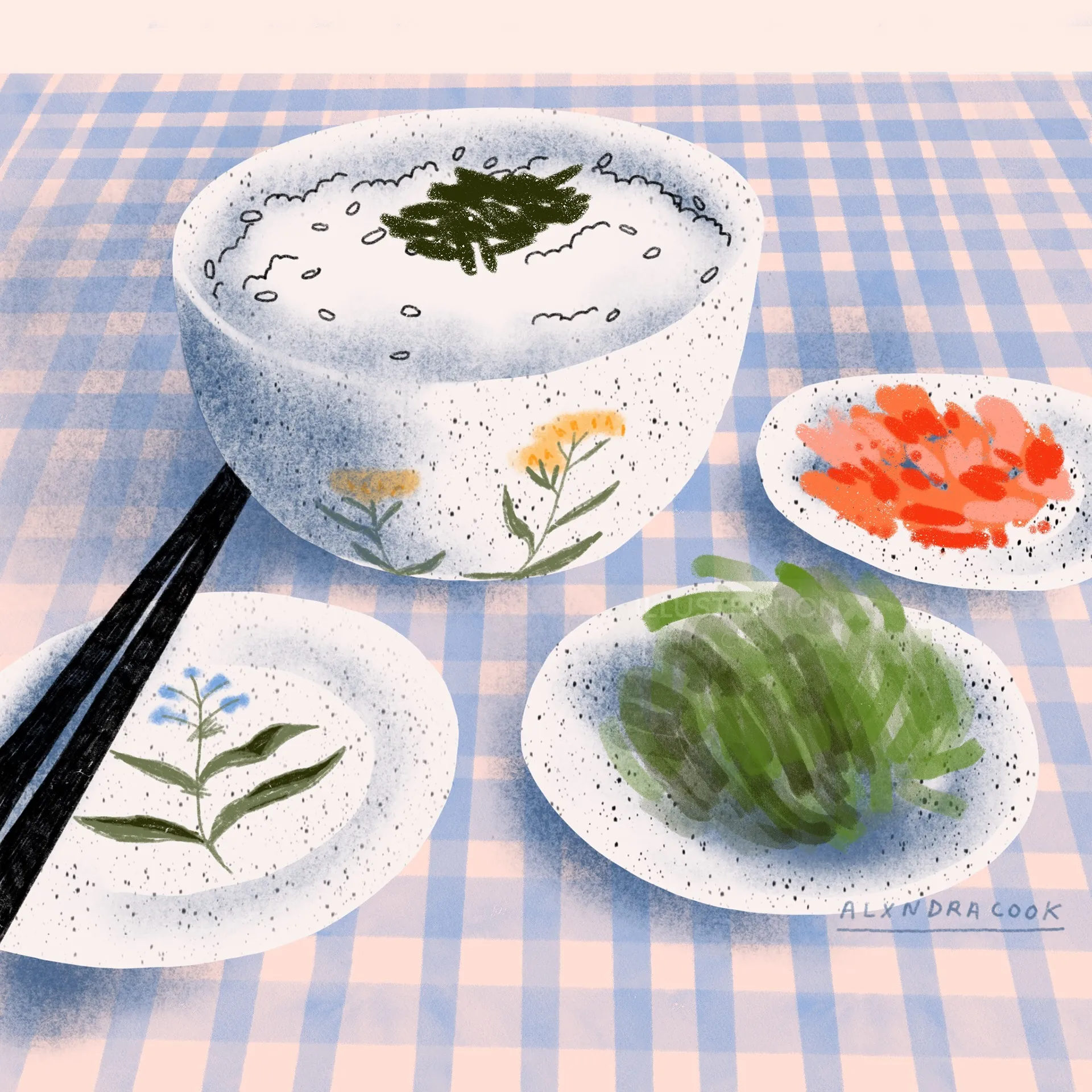 Bowl of rice with seaweed and three side dishes on plates