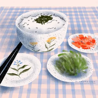 Bowl of rice with seaweed and three side dishes on plates
