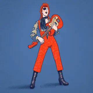 Person with red hair playing electric guitar in colorful outfit