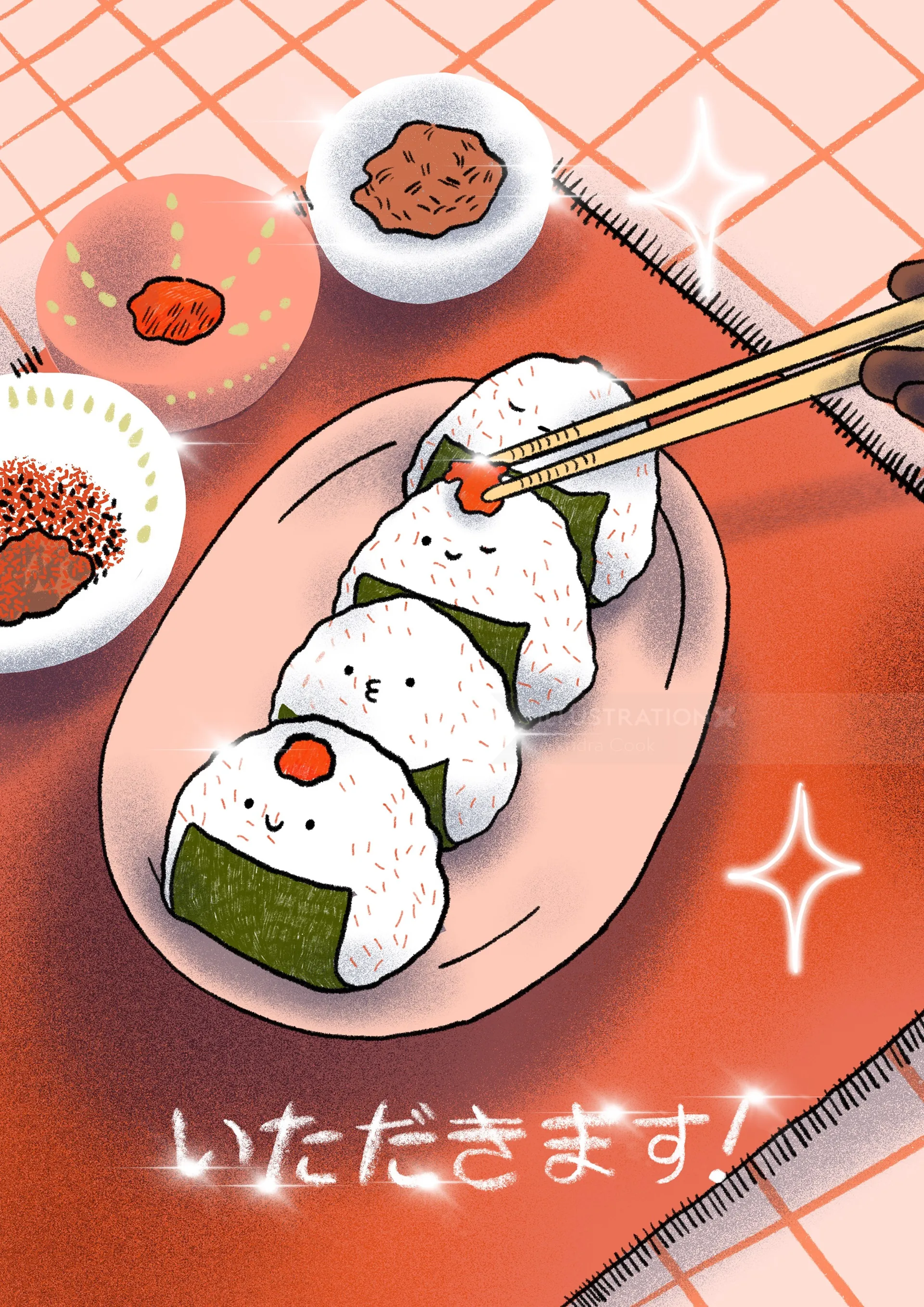 Onigiri rice balls on plate with chopsticks holding one