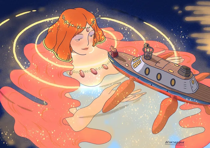 Red-haired woman in glowing water holding miniature ship with seashells