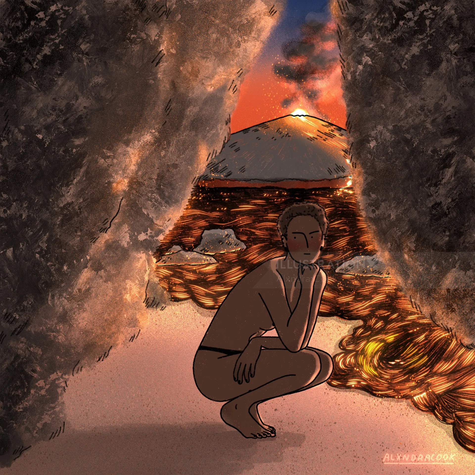 一个人蹲在火山洞穴内炽热的熔岩附近，背景是火山喷发