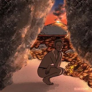 Person crouching near glowing lava inside a volcanic cave with eruption in background