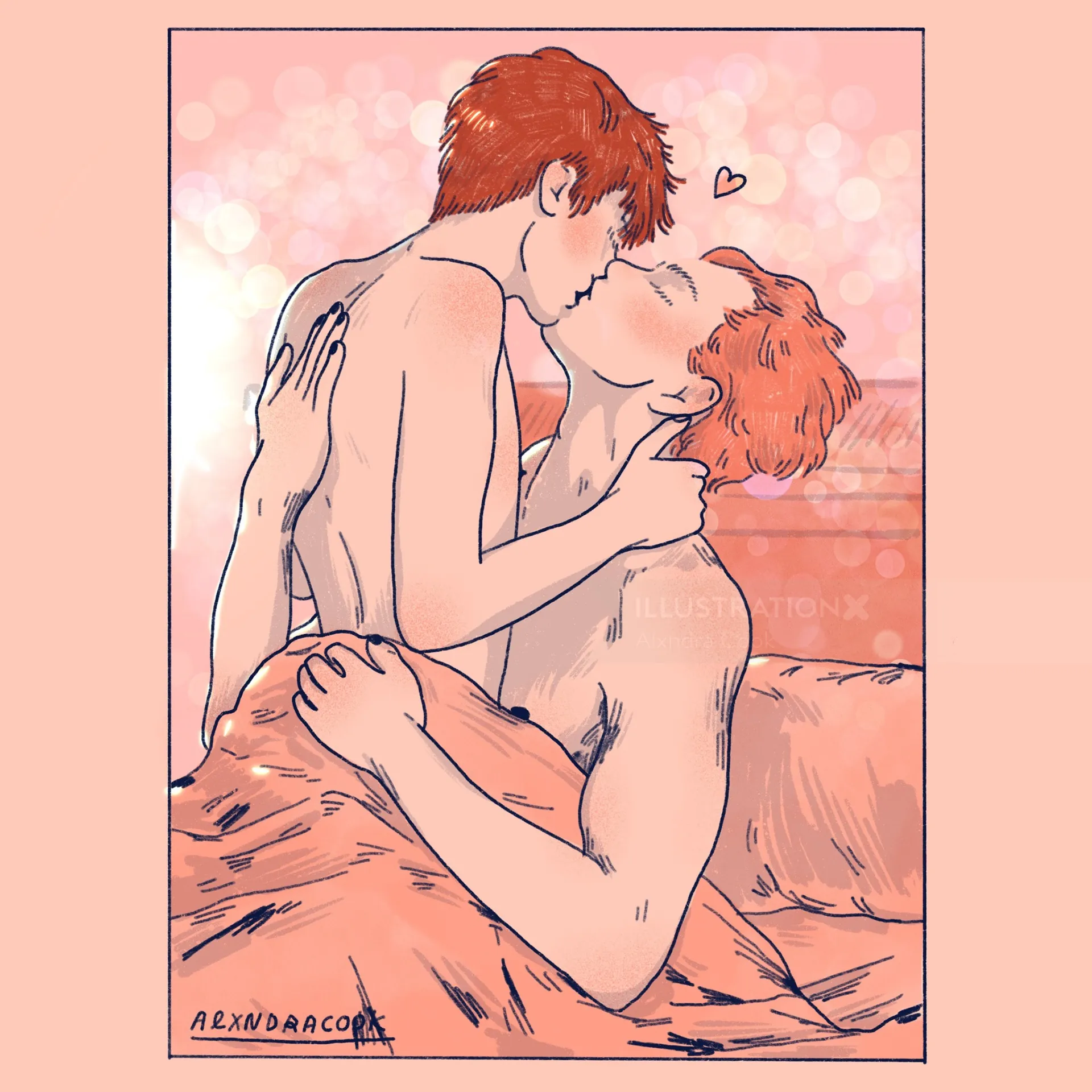 Two men kissing passionately in bed with a pink background.