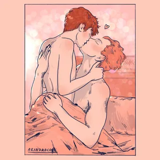 Two men kissing passionately in bed with a pink background.