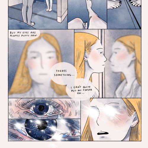 Comic panels showing a woman in introspective scenes by Alxndra Cook