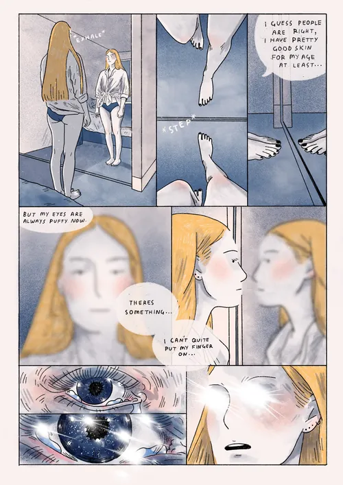 Comic panels showing a woman in introspective scenes by Alxndra Cook