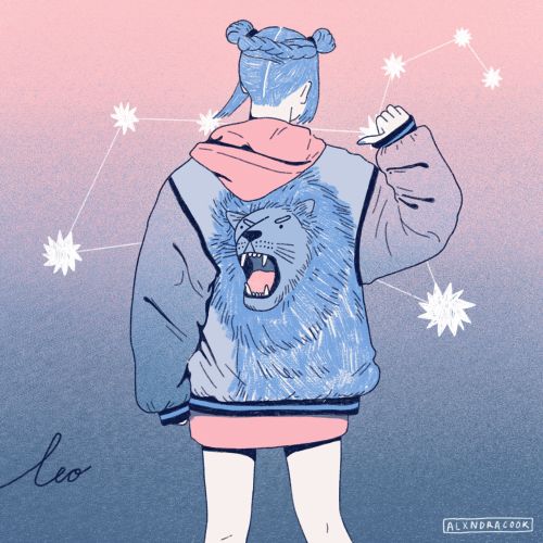 Person with lion jacket and Leo constellation on pink to blue background