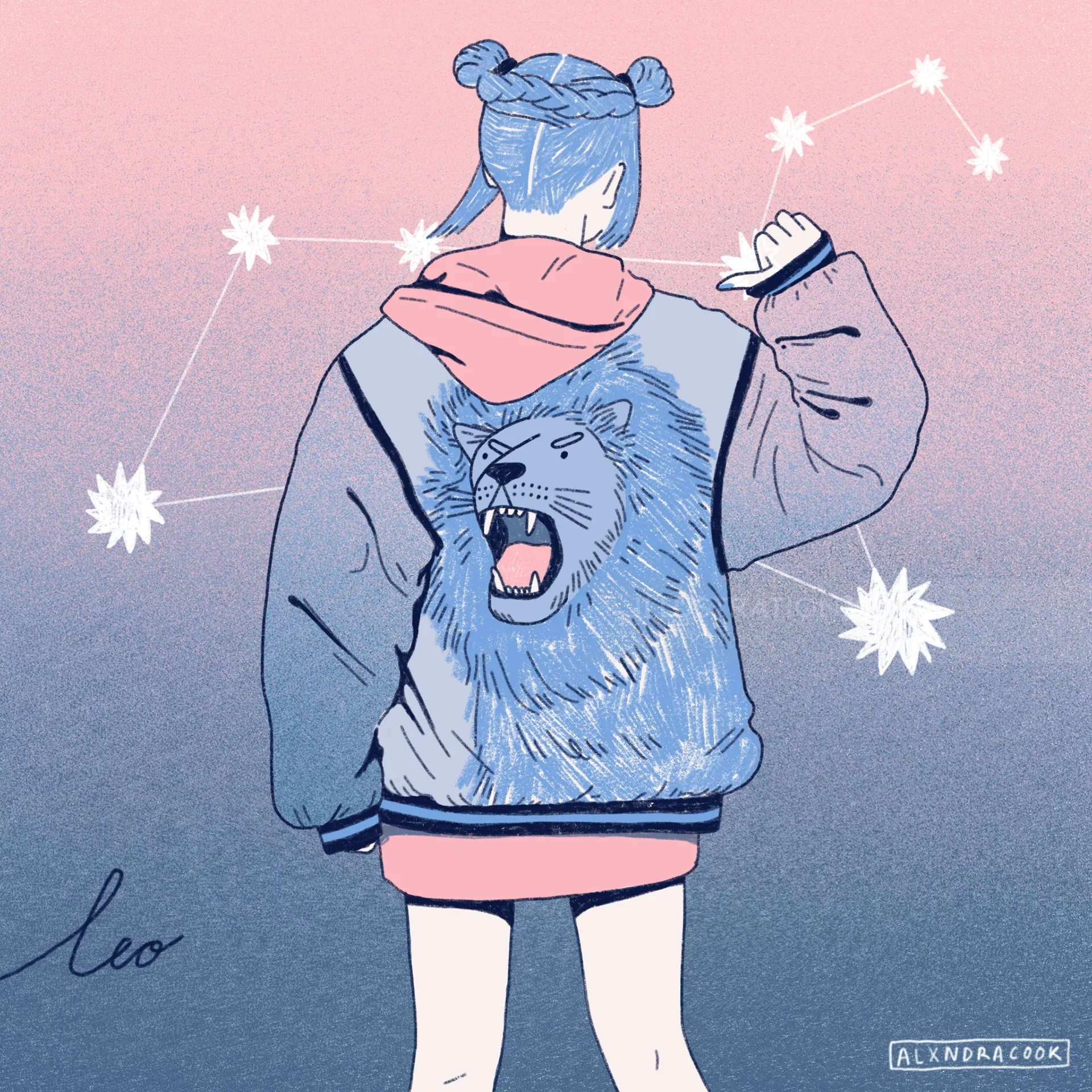 Person with lion jacket and Leo constellation on pink to blue background