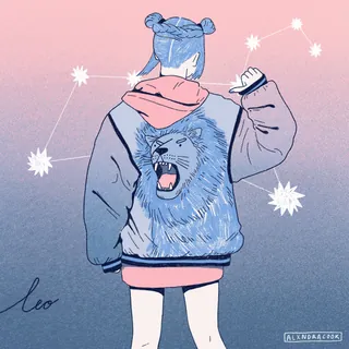 Person with lion jacket and Leo constellation on pink to blue background