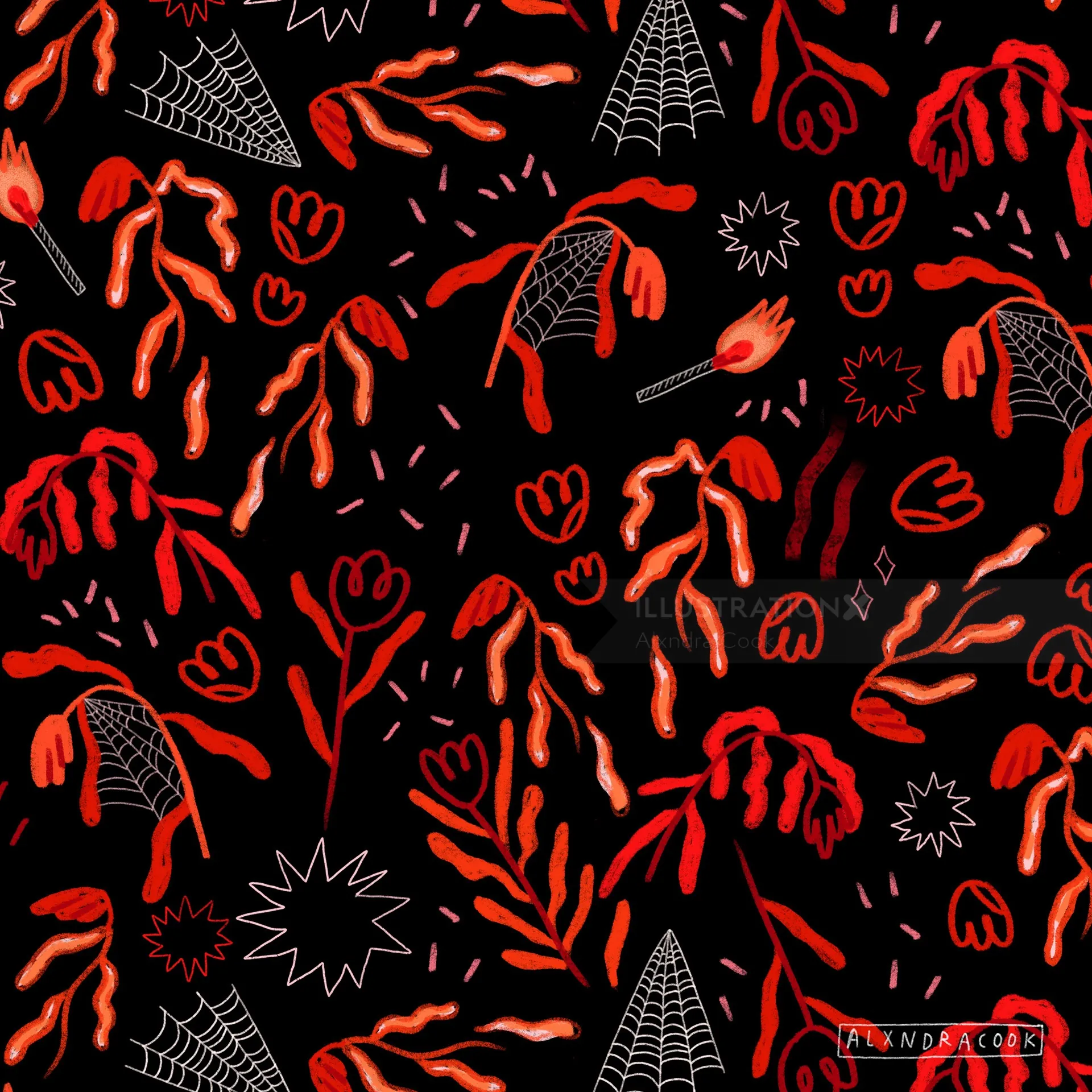 Red and orange floral and spiderweb pattern on black background