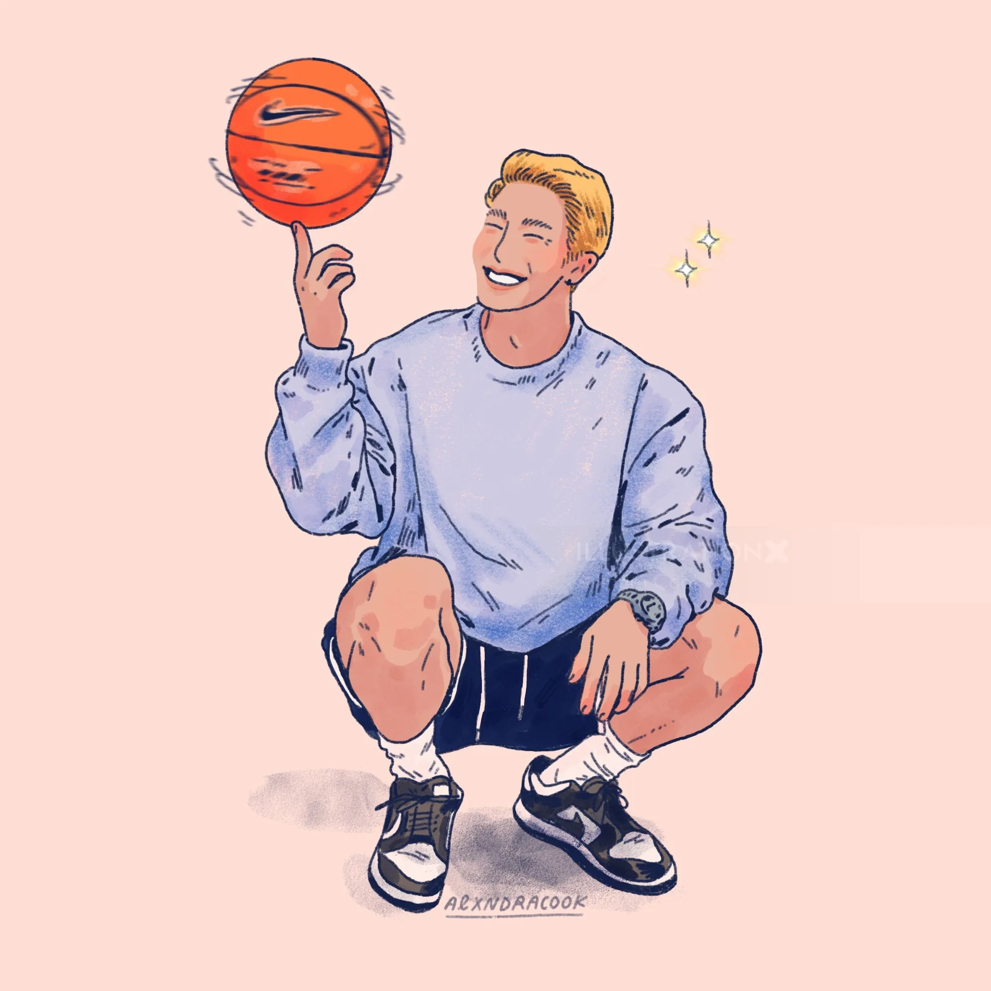 Young man spinning a basketball on finger, wearing sneakers and sweatshirt by Alxndra Cook