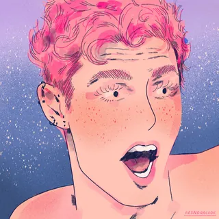 Surprised person with pink hair and freckles in digital art