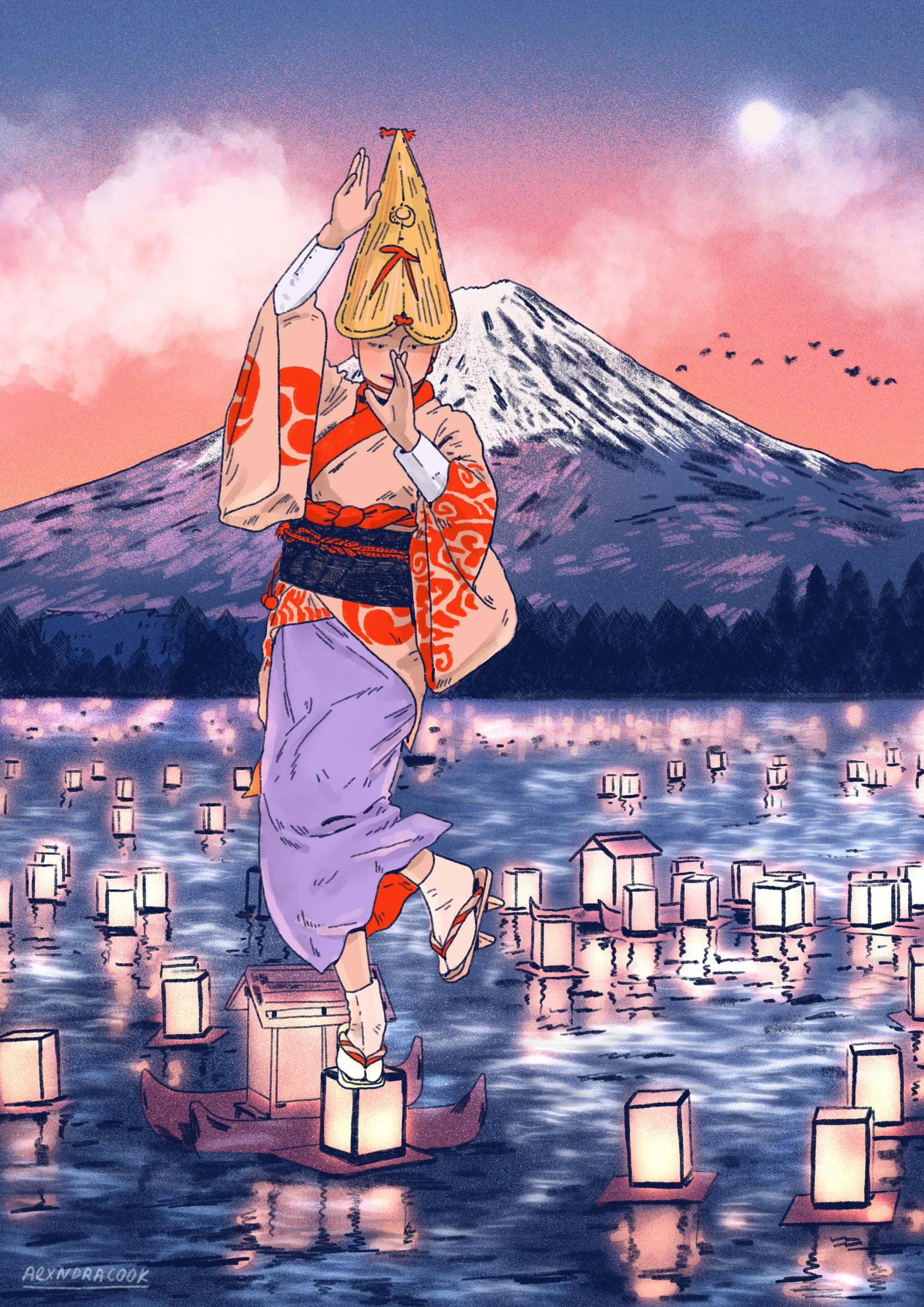 Woman in kimono dancing by floating lanterns on water with Mount Fuji at sunset