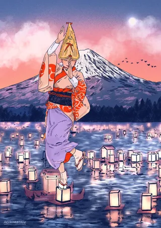 Woman in kimono dancing by floating lanterns on water with Mount Fuji at sunset