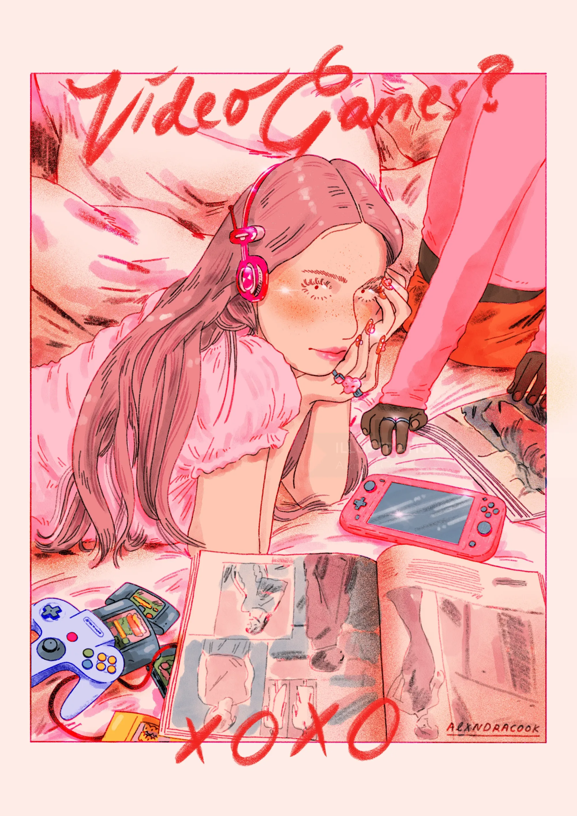 Mujer escuchando música con consola de videojuegos retro y cómics