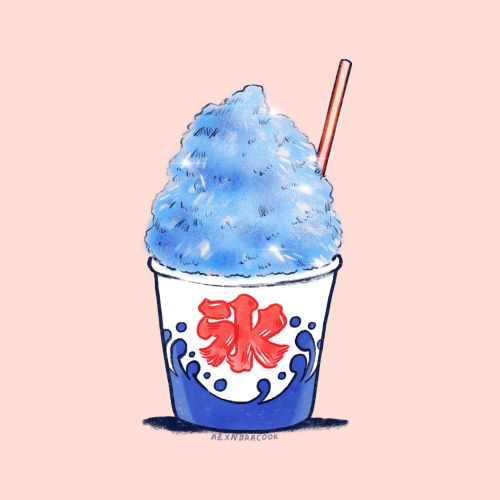 Blue shaved ice in cup with red character and straw